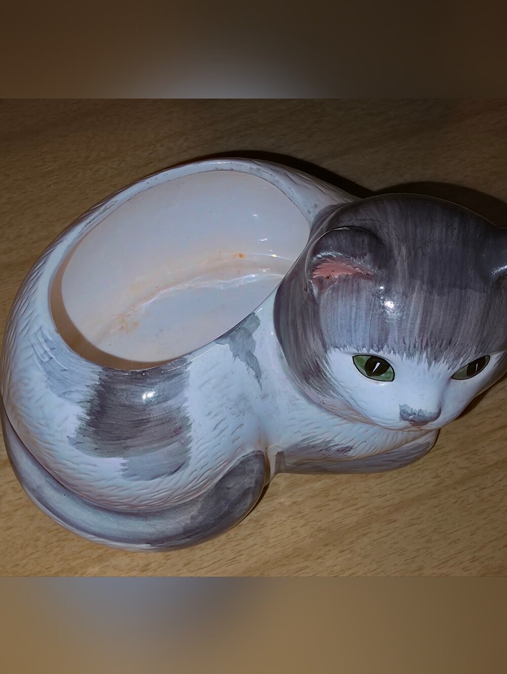Hand-Painted Gray & White Ceramic Cat Planter